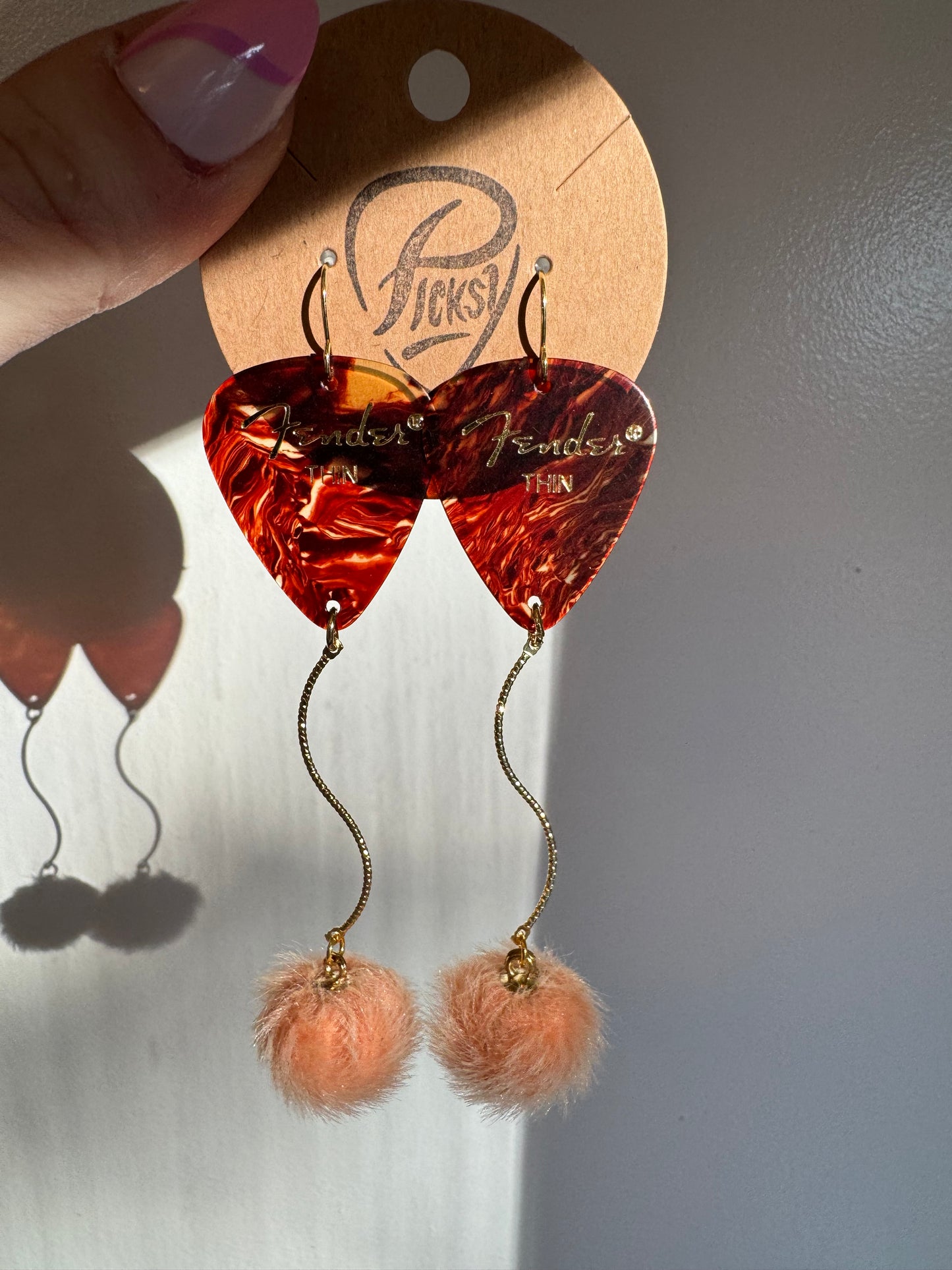 Tortoise & Peach Pom Earrings