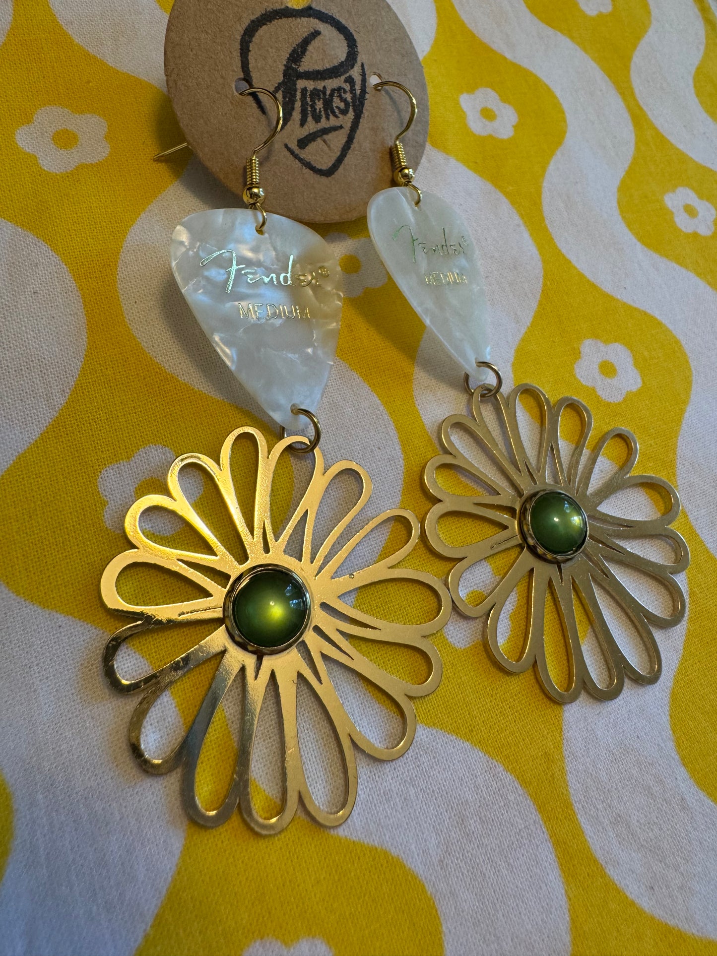 White Green & Gold Floral Earrings