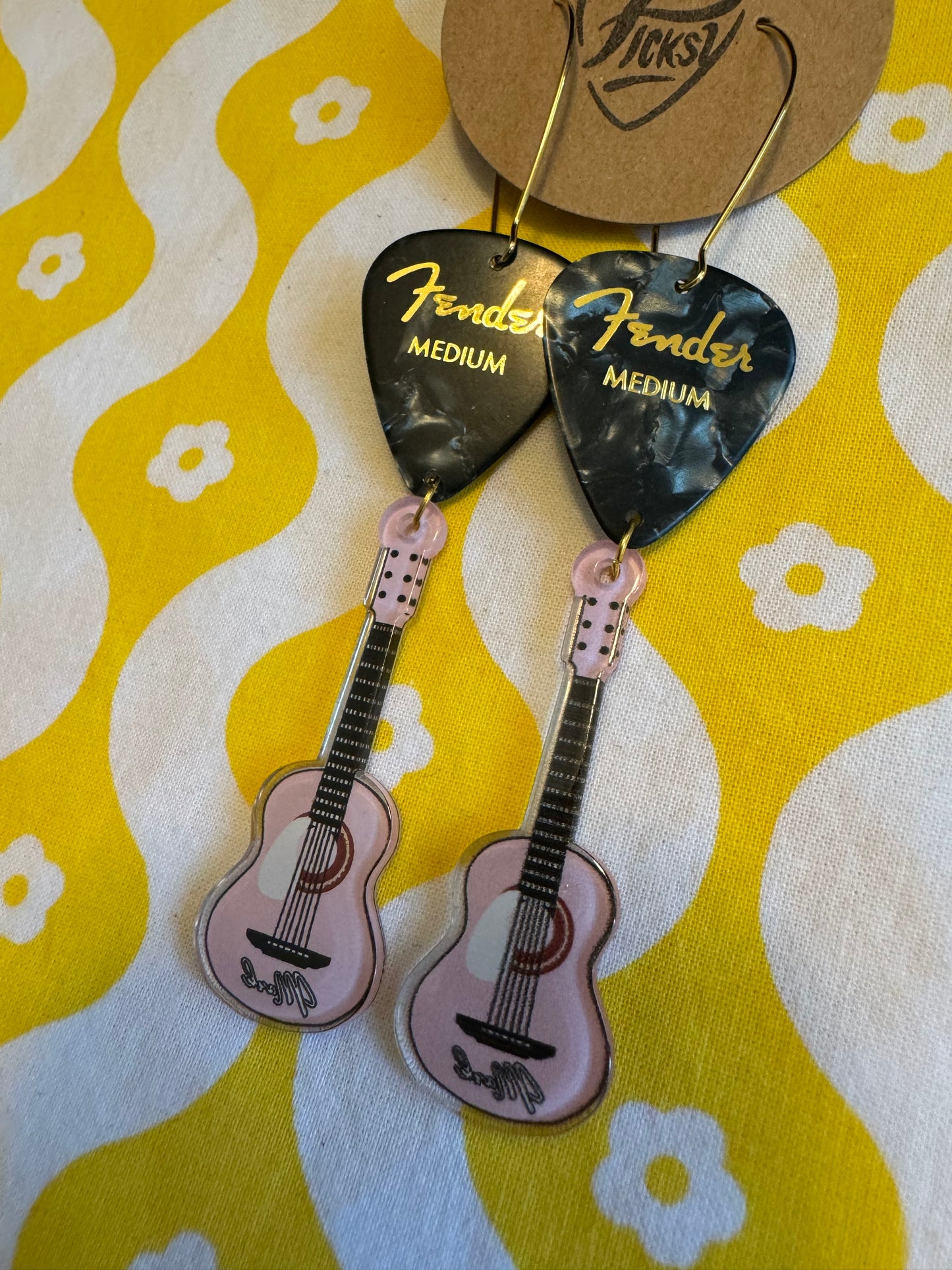 Black & Pink Acoustic Guitar Earrings