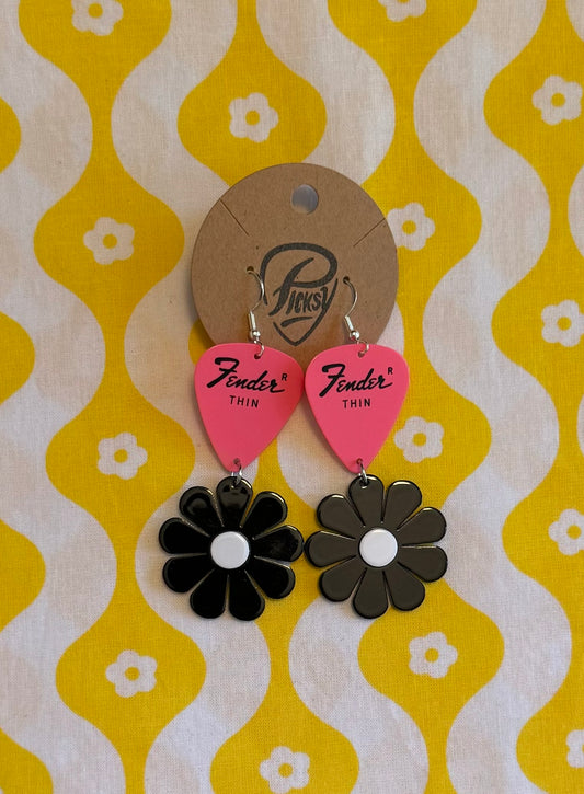 Electric Pink & Black Daisy Earrings