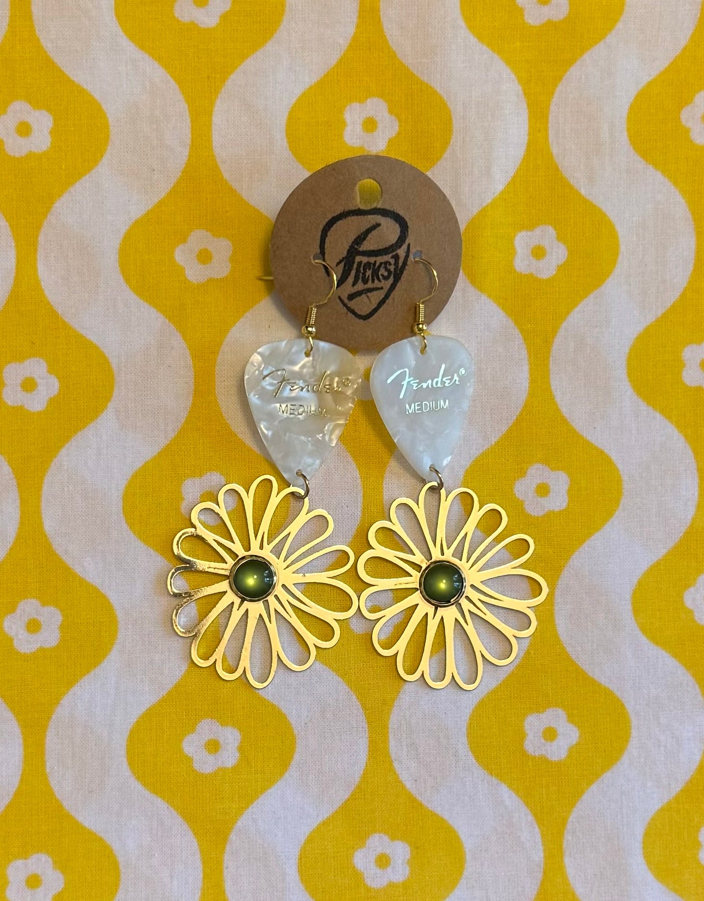 White Green & Gold Floral Earrings