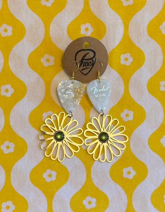 White Green & Gold Floral Earrings