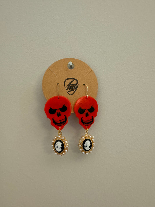 *Spooky* Red Skeleton Cameo Earrings