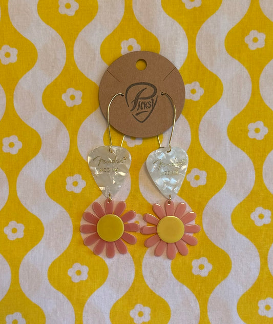 White Pink & Yellow Daisy Earrings